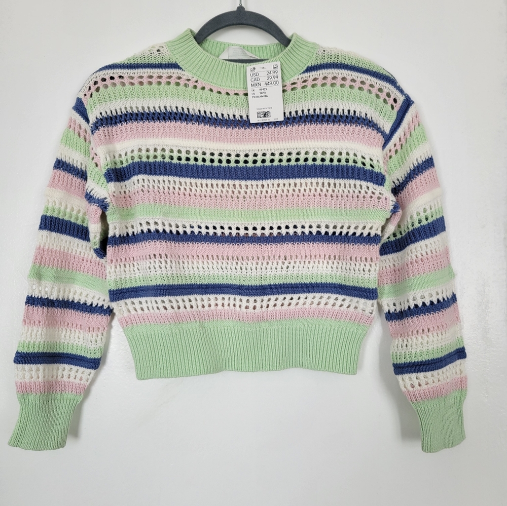 NWT H&M cropped kids sweater striped blue, pink, green, and white